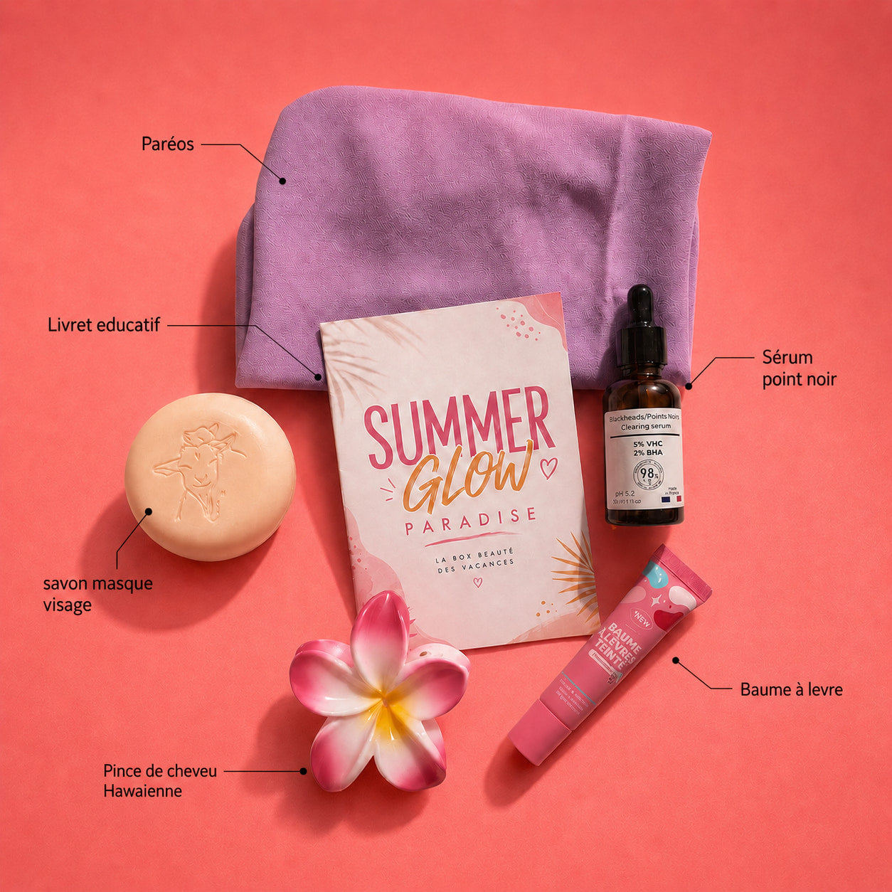 Contenu de la box beauté ado summer glow paradise avec soins et accessoires